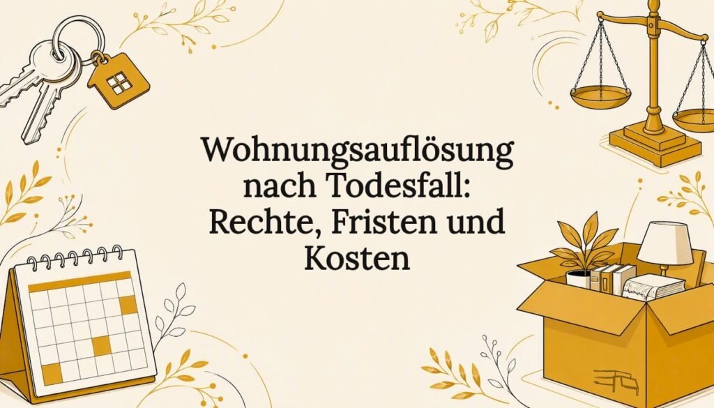 Wohnungsauflösung nach Todesfall: Rechte, Fristen und Kosten 6 Eine Illustration, die verschiedene Symbole rund um den zentralen Titel anordnet.