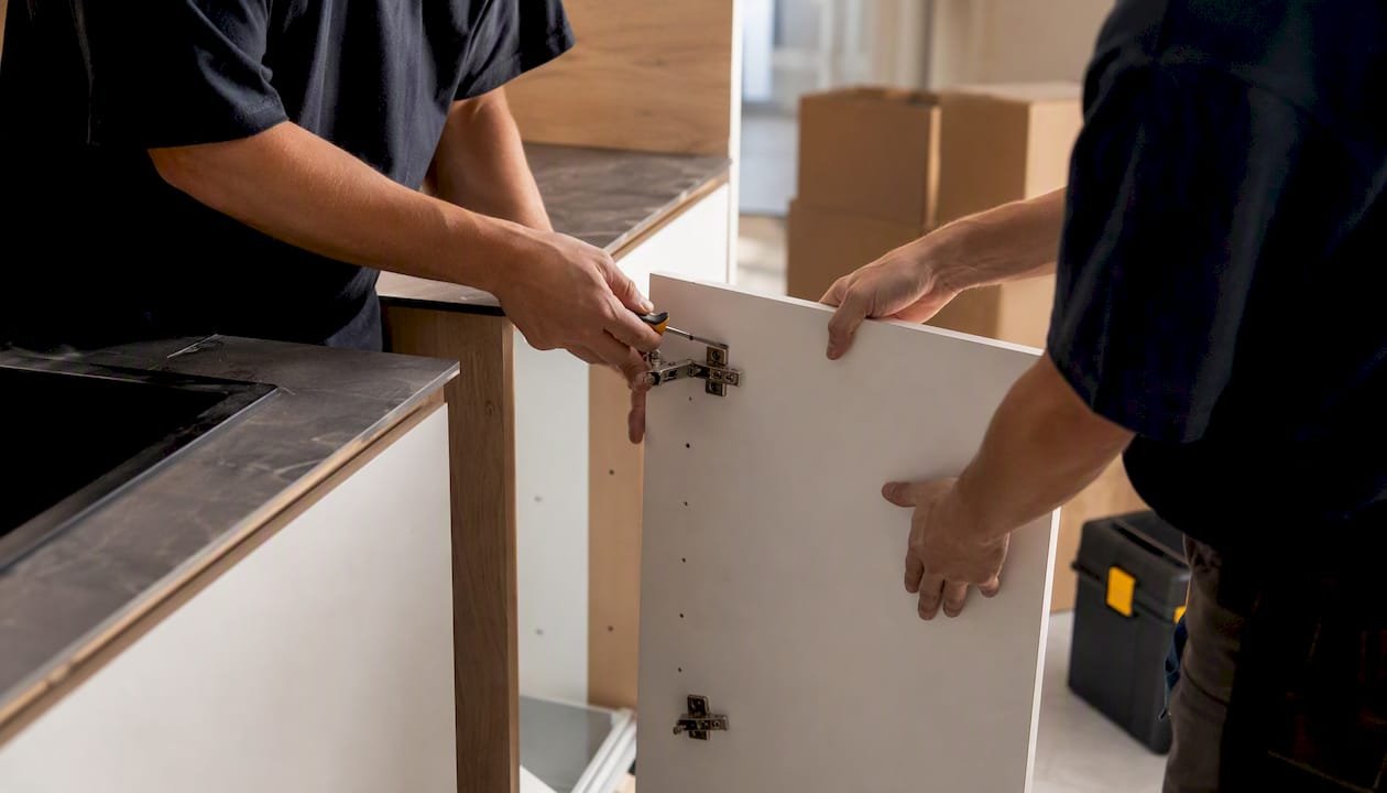 Die Umzugshelfer bauen die Tür des Küchenschranks wieder an.