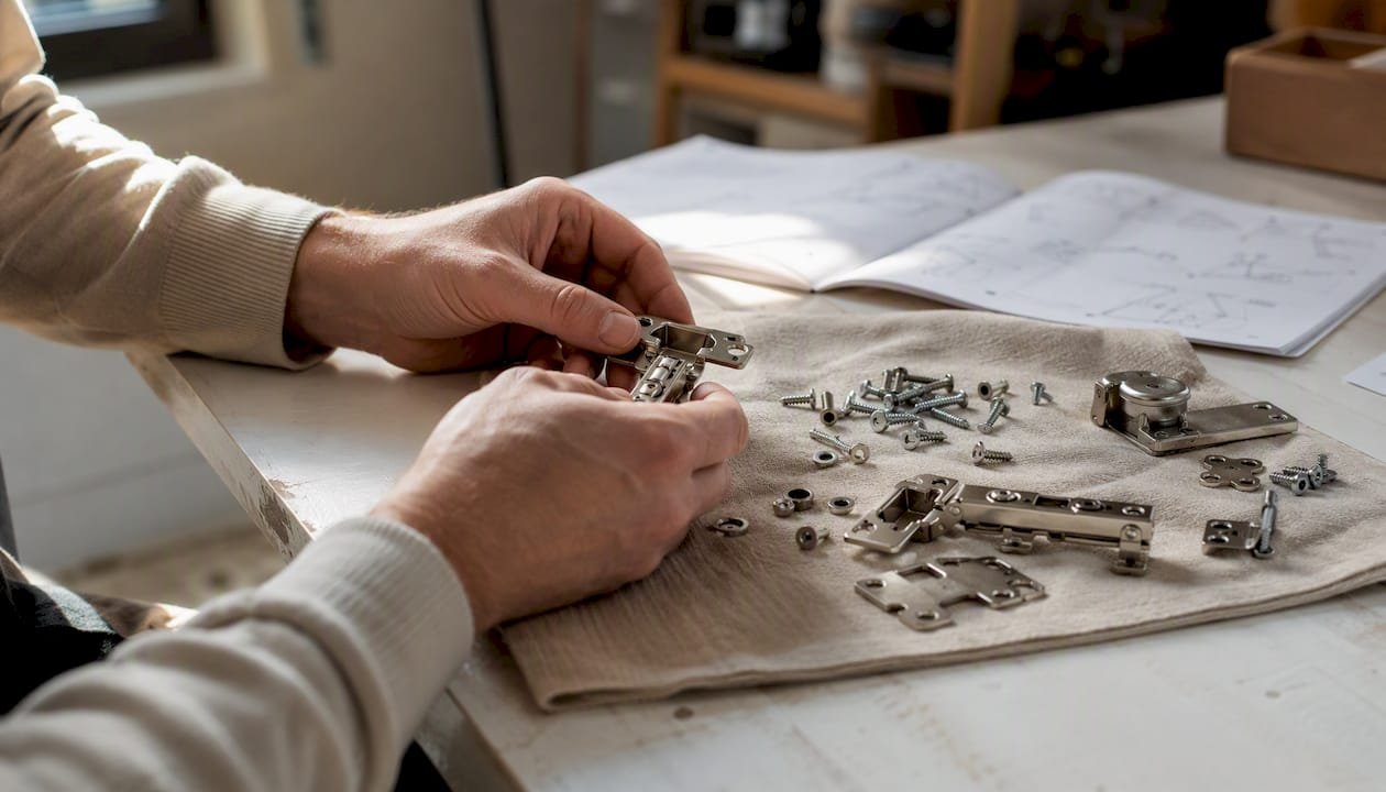 Mit geschickten Händen werden Kleinteile für den Küchenaufbau sortiert.