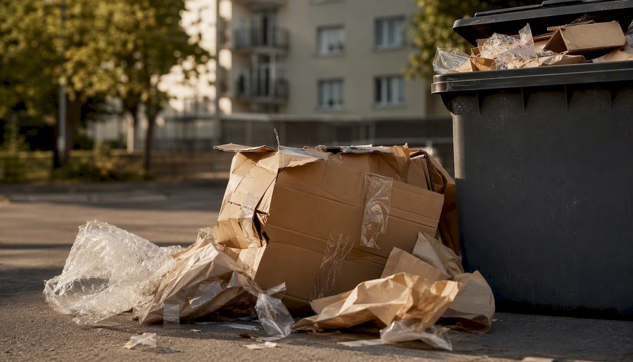 Zurückgelassene Umzugskartons und Verpackungsmüll