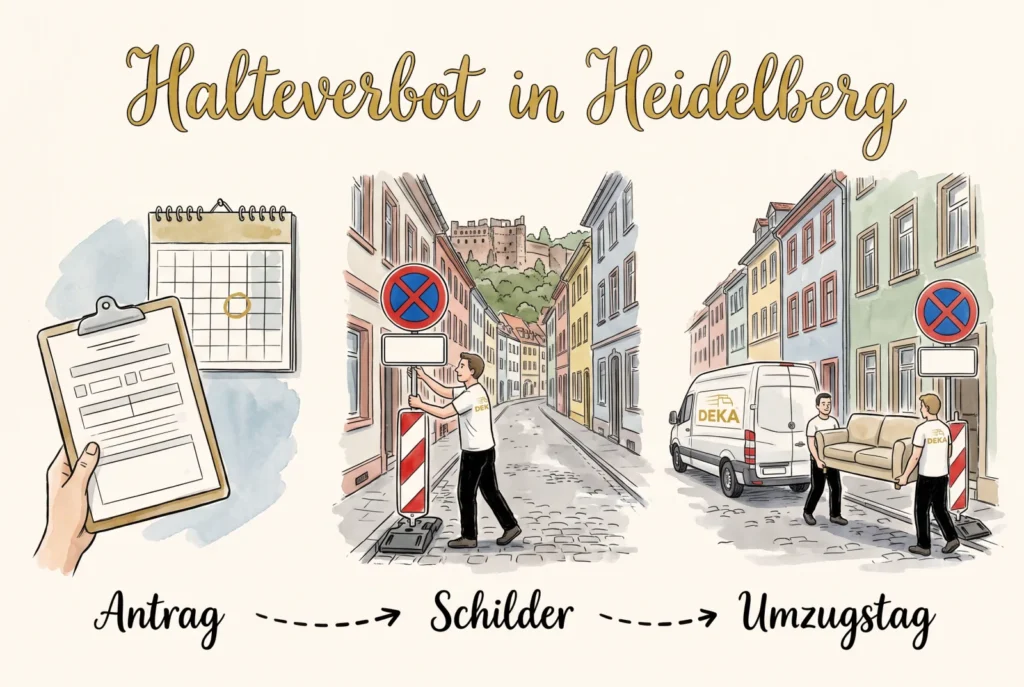 Halteverbotszone in Heidelberg beantragen: Stelle, Fristen, Kosten 1 Skizze: Antrag, zwei Halteverbotsschilder in einer Heidelberger Altstadtgasse und ein weißer DEKA-Transporter am Umzugstag