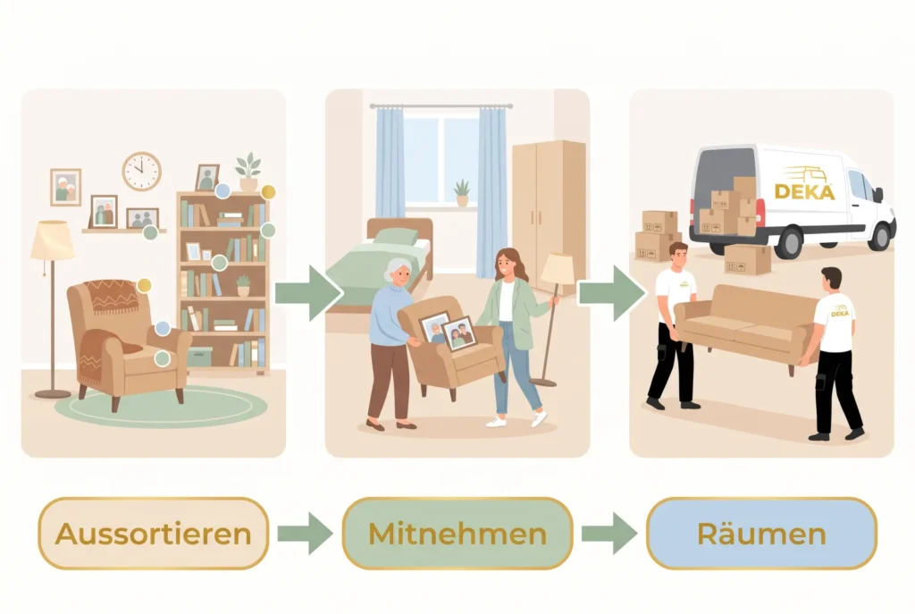 Haushaltsauflösung beim Umzug ins Pflegeheim: Fristen, Kündigung, Ablauf 1 Vektorgrafik: Aussortieren in der Wohnung, Lieblingsstücke kommen ins Pflegeheimzimmer, DEKA-Team räumt den Rest zum weißen Transporter