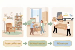 Haushaltsauflösung beim Umzug ins Pflegeheim: Fristen, Kündigung, Ablauf 2 Vektorgrafik: Aussortieren in der Wohnung, Lieblingsstücke kommen ins Pflegeheimzimmer, DEKA-Team räumt den Rest zum weißen Transporter