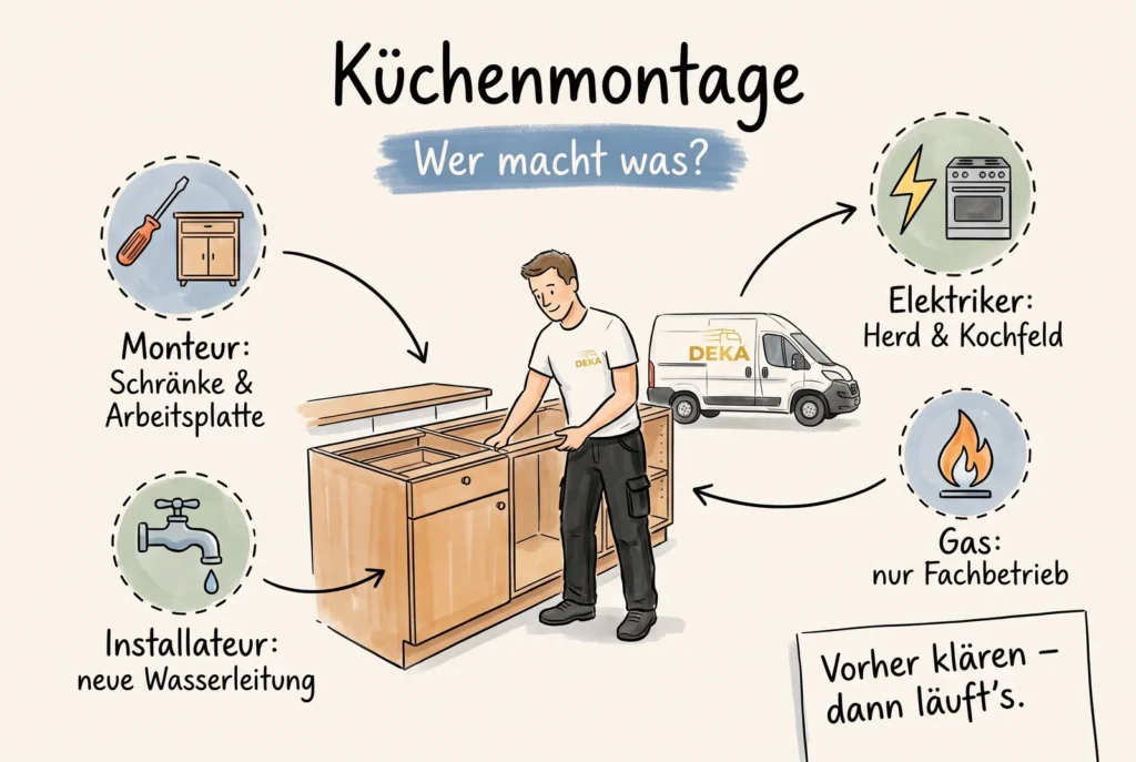 Küchenmontage: Was der Monteur übernimmt – und wann Elektriker oder Installateur ran müssen 1 Skizze Küchenmontage: Monteur für Schränke und Arbeitsplatte, Elektriker für Herd und Kochfeld, Installateur für neue Wasserleitung, Gas nur Fachbetrieb