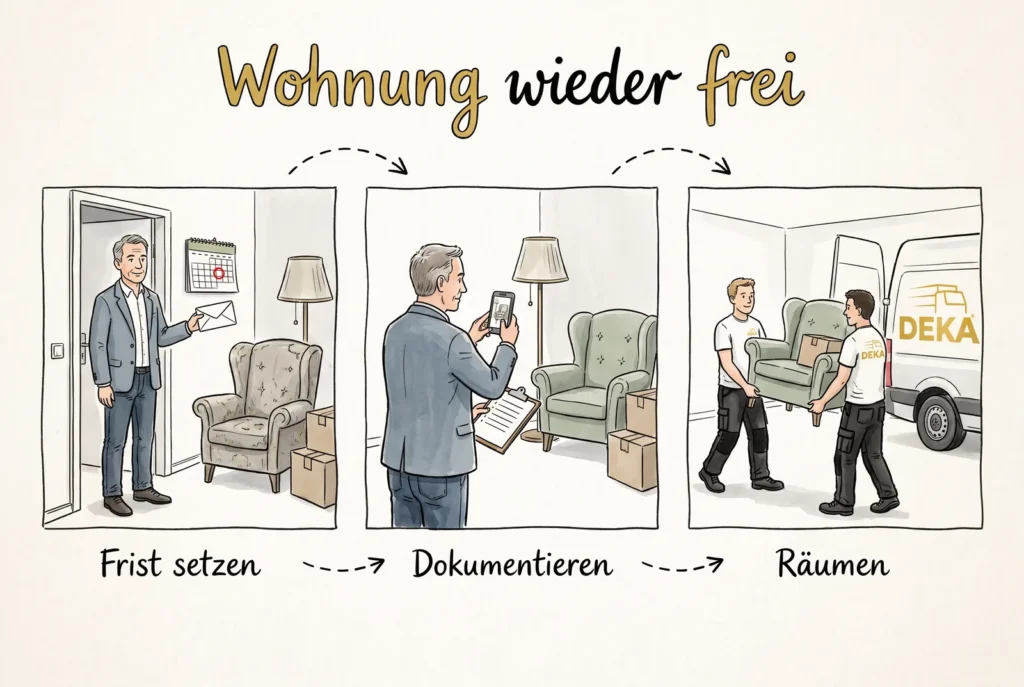 Skizze: Vermieter setzt eine Frist und fotografiert zurückgelassene Möbel, danach räumt das DEKA-Team die Wohnung zum weißen Transporter