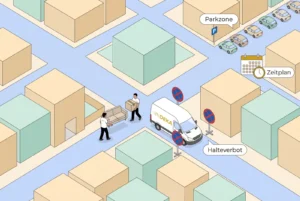 Umzug in den Mannheimer Quadraten: Halteverbot, Parkzonen und Zeitplan 1 Vektorgrafik: weißer DEKA-Transporter in einer Halteverbotszone zwischen Häuserblöcken, Träger mit Sofa und Karton, Hinweise Halteverbot, Parkzone und Zeitplan